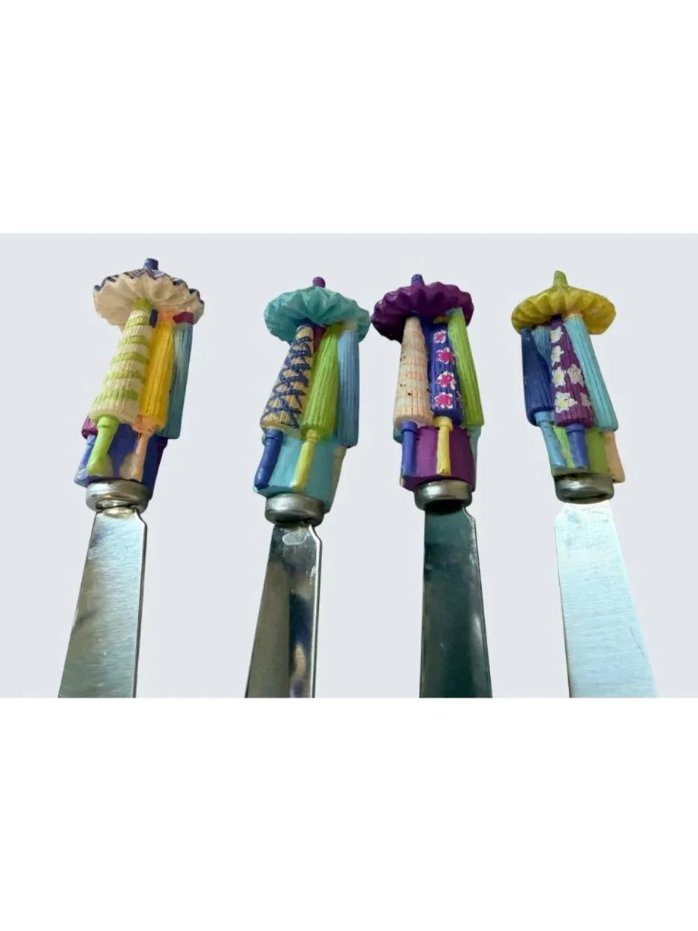 Set of 4 Parasol Umbrella Cheese Spreaders Colorful Resin Handles Stainless
